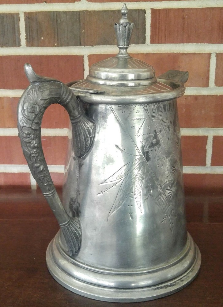 Antique Victorian Ornate Silver Plate Water Pitcher Hinged Lid 17 Unbranded