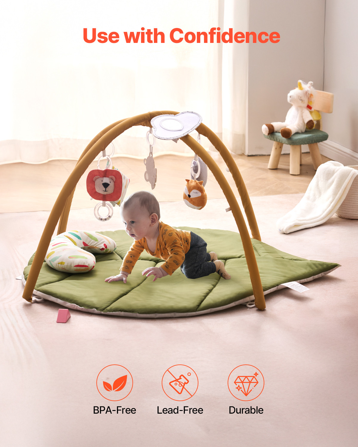 VEVOR Baby Play Gym Mat Tummy Time Activity Mat with 6Sensory Toys 42.9" x 33.5"