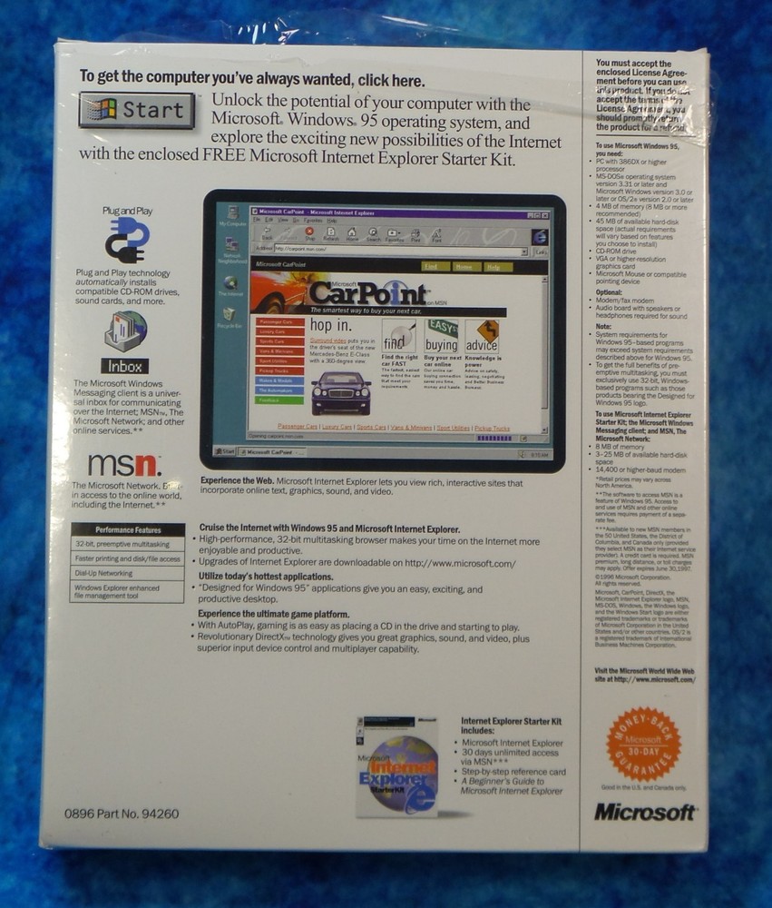 Microsoft Windows 95 Upgrade CD Box version w/ CD & Key & IE Starter Kit, AOL