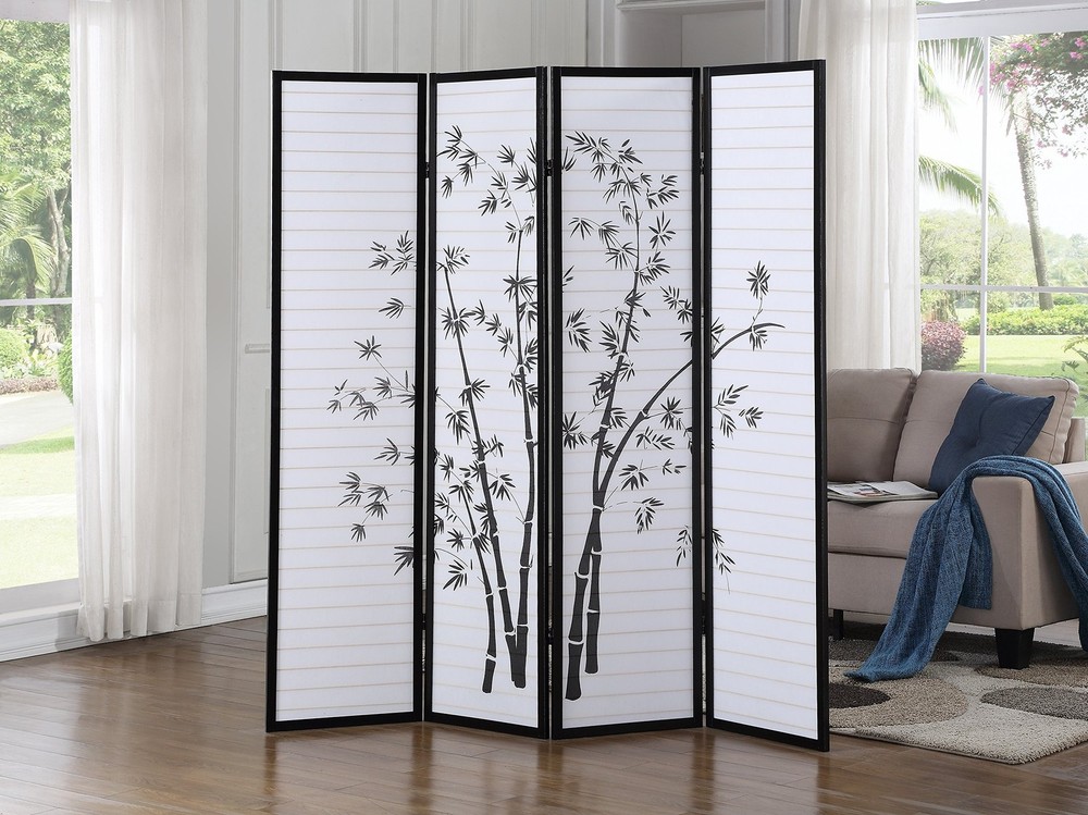 Roundhill Bamboo Print 4-Panel Framed Room Screen/Divider, black 4 panel