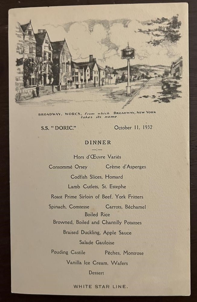 DORIC (White Star) 1932 STEAMSHIP MENU CARD