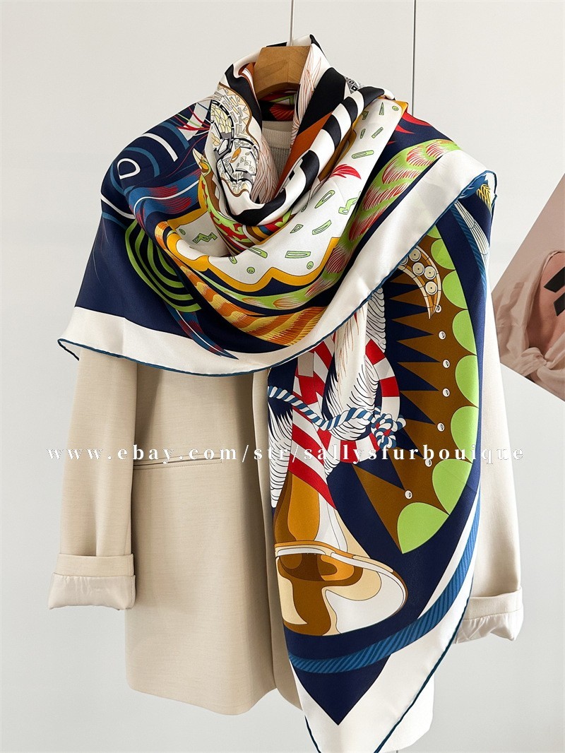 Sallys 100% Twill Silk Large Wrap Scarf Stole Feathers Print Square Shawl 135cm