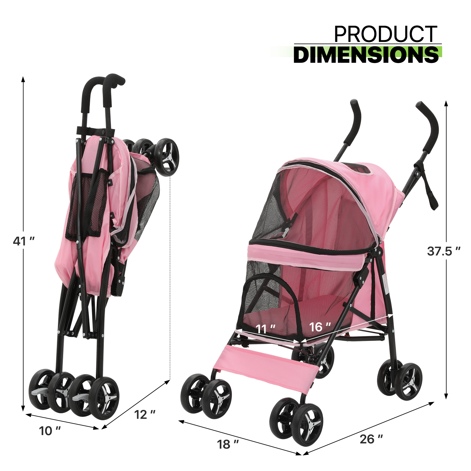Foldable Pink Dog Stroller Adjustable Canopy Breathable Pet Travel Carrier Cart