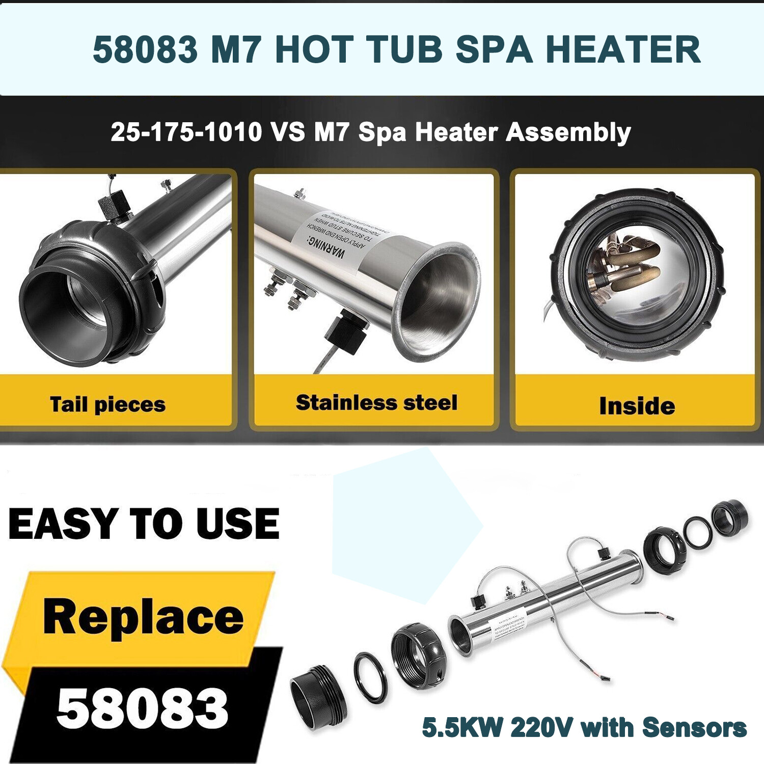 for Balboa 58083 M-7 Heater Assembly 15", 5.5 kW 240V/120V, with Studs & Sensors