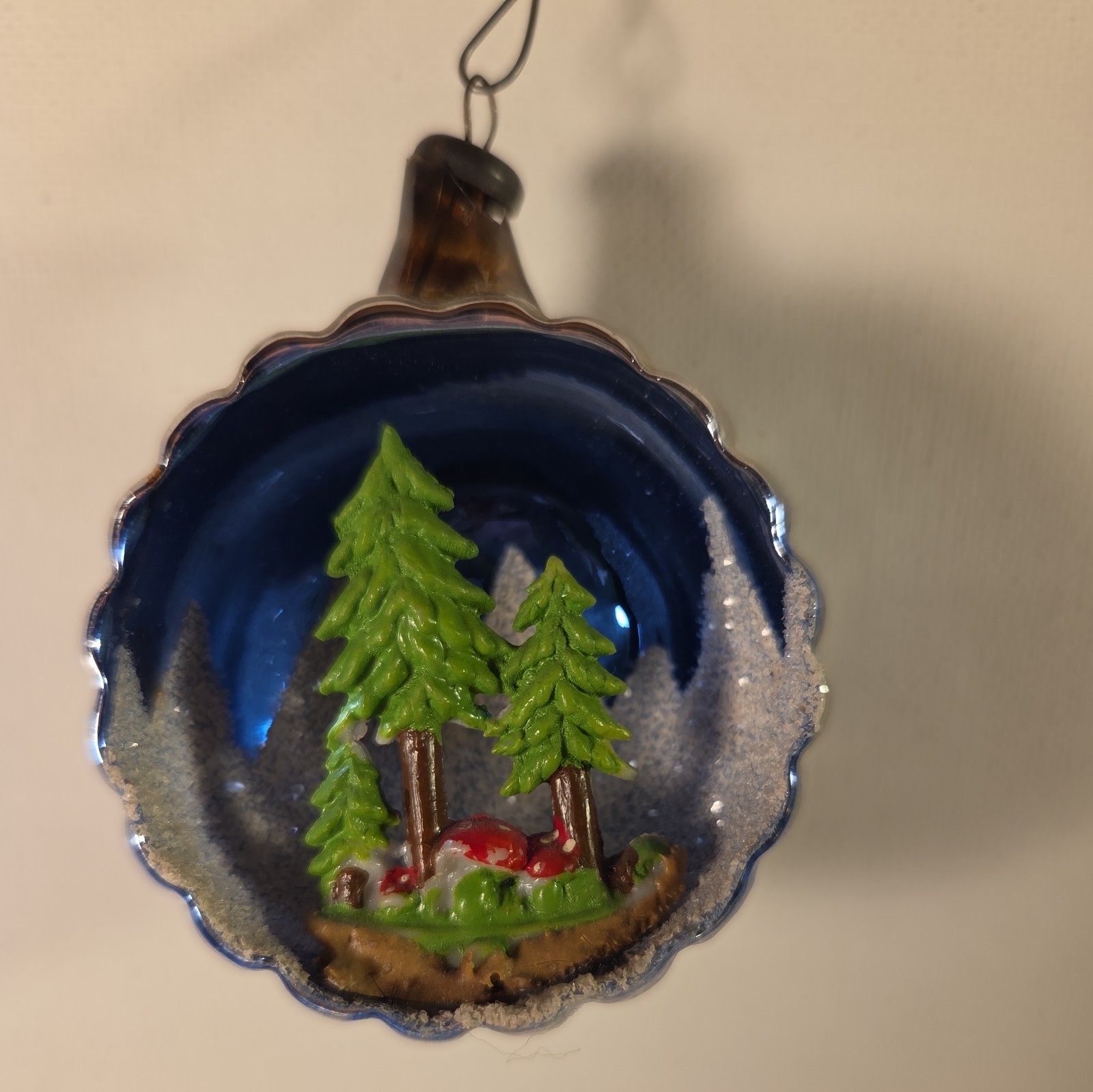 Vintage Glass Diorama PINE TREE MUSHROOMS Indent BALL Christmas Ornament Italy?