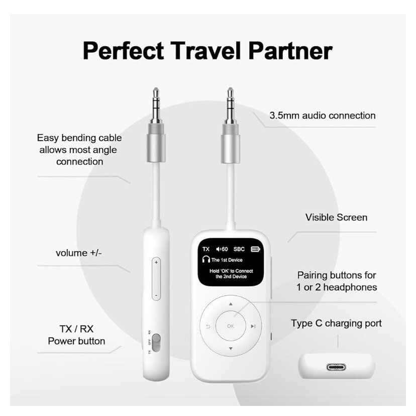 Soundsync Pro Bluetooth Transmitter & Receiver: Pair 2 Headphones On Same Device