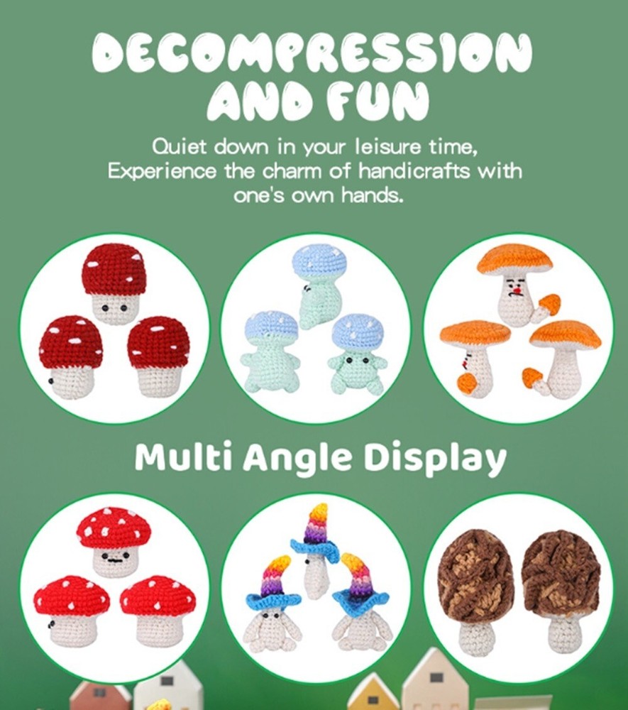 6 -Pack Colorful Mushroom Beginner Crochet Kit – DIY Craft with Video Tutorials