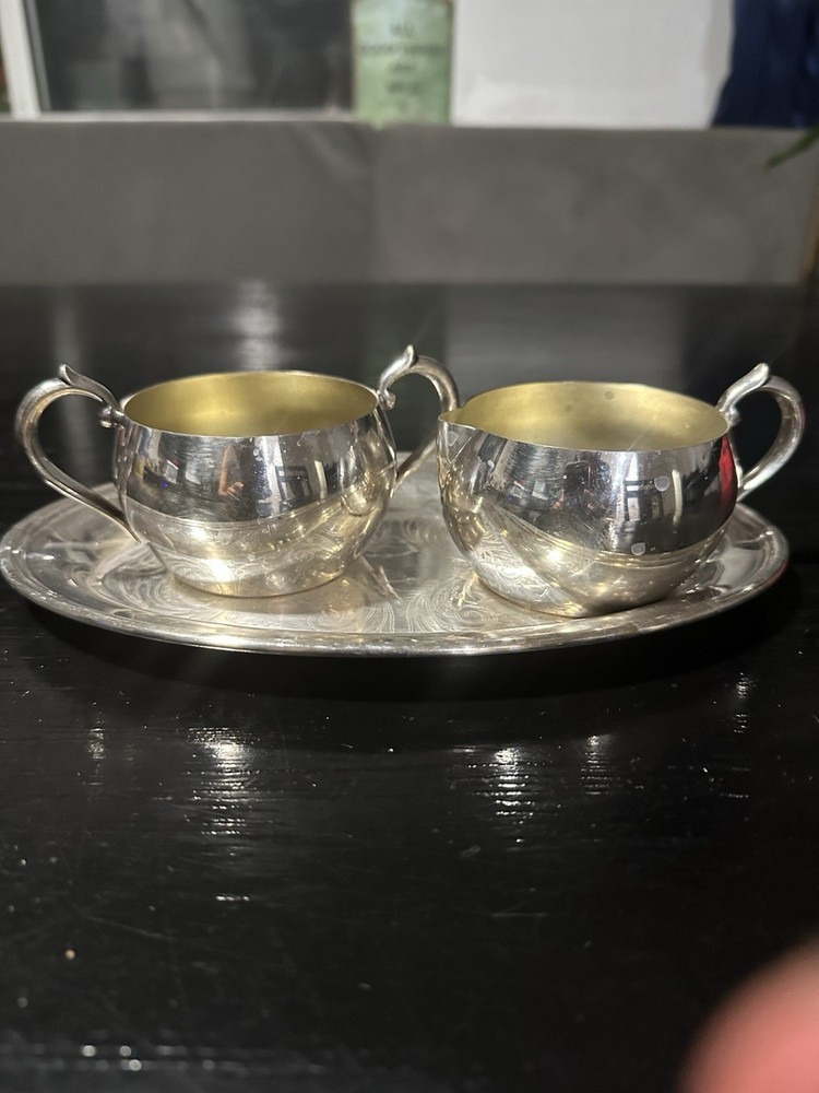 WM A. ROGERS Silverplate Creamer, Sugar Bowl & Tray Set Engraved Tableware