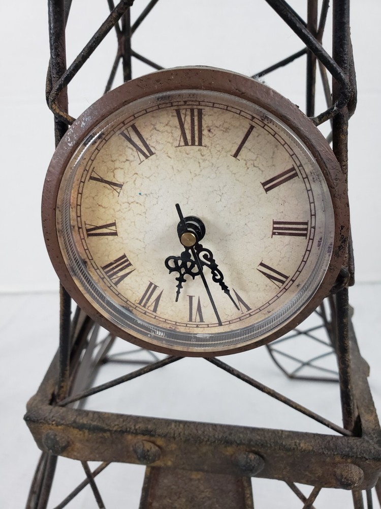 Eiffel Tower Wire Sculpture Statue with Working Clock 25" Rustic