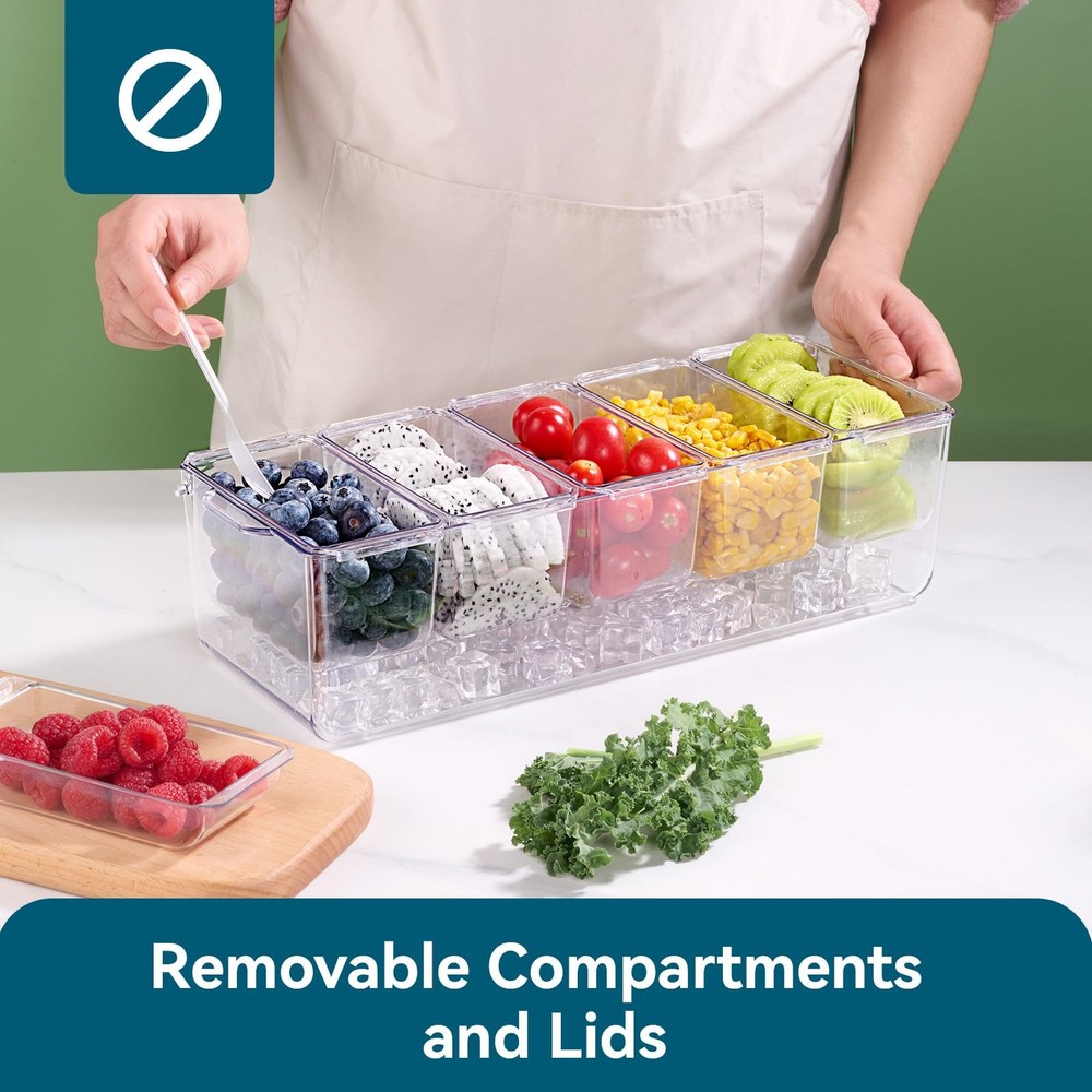 2 Pack Chilled Condiment Tray Server with 5 Containers and Removable Compartm...