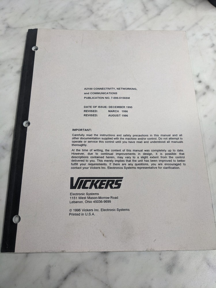 VICKERS SYSTEMS A2100 CONNECTIVITY NETWORKING COMMUNICATIONS OPERATOR MANUAL