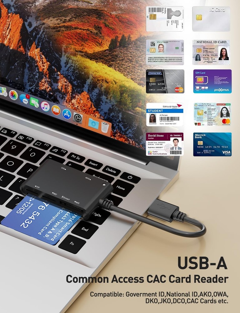 SIM Card Adapter for Computer - 7 in 1 CAC Smart USB A Reader,Black