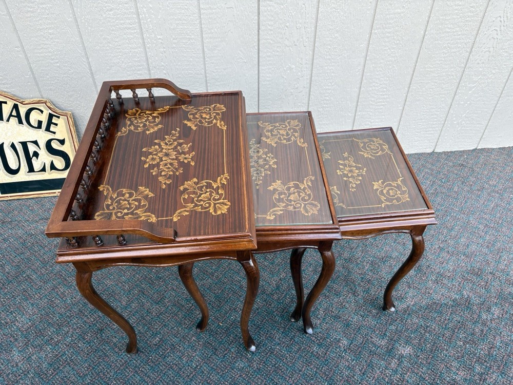 67334 Inlaid Mahogany 3 Stack Table Set with Gallery