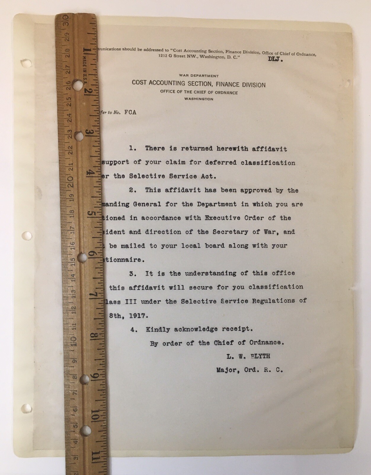 1917 WW1 War Department Office Chief of Ordnance Selective Service Document