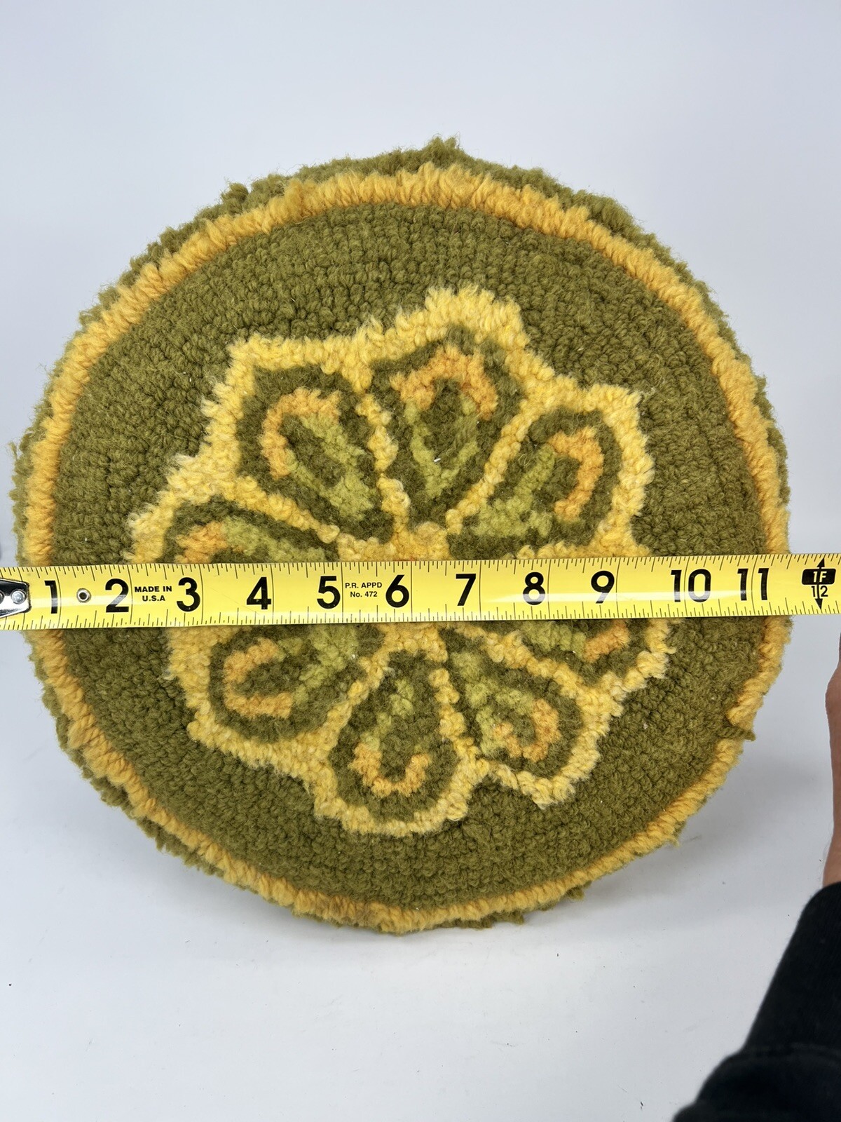 Vtg Round Footstool Floral Hooked Rug Top Wooden Legs MCM 8.75 x 12” Avacado