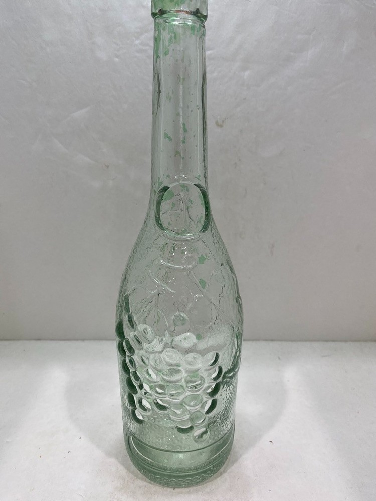 Clear Glass Embossed Grape Clusters & Leaves Empty Wine Bottle
