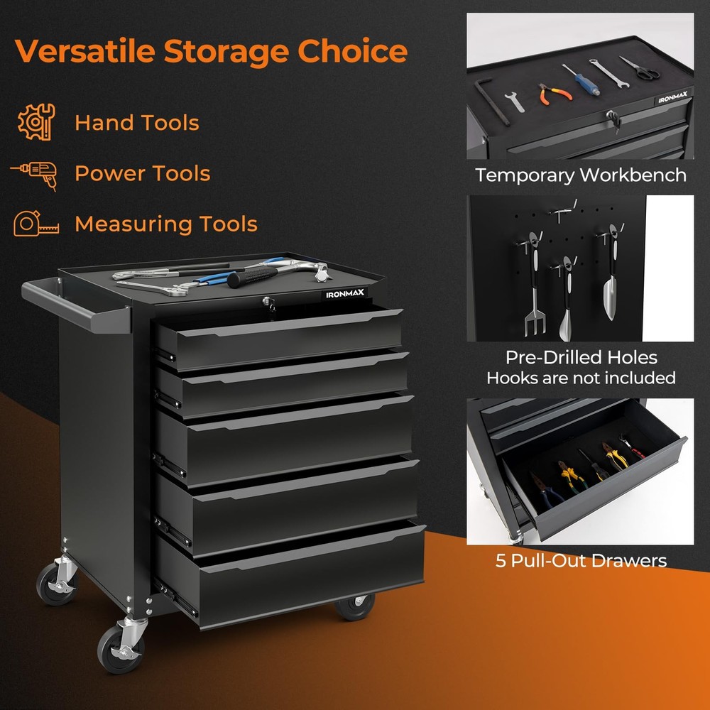 5抽屉金属工具箱带轮子锁定系统工具存储适用于车库