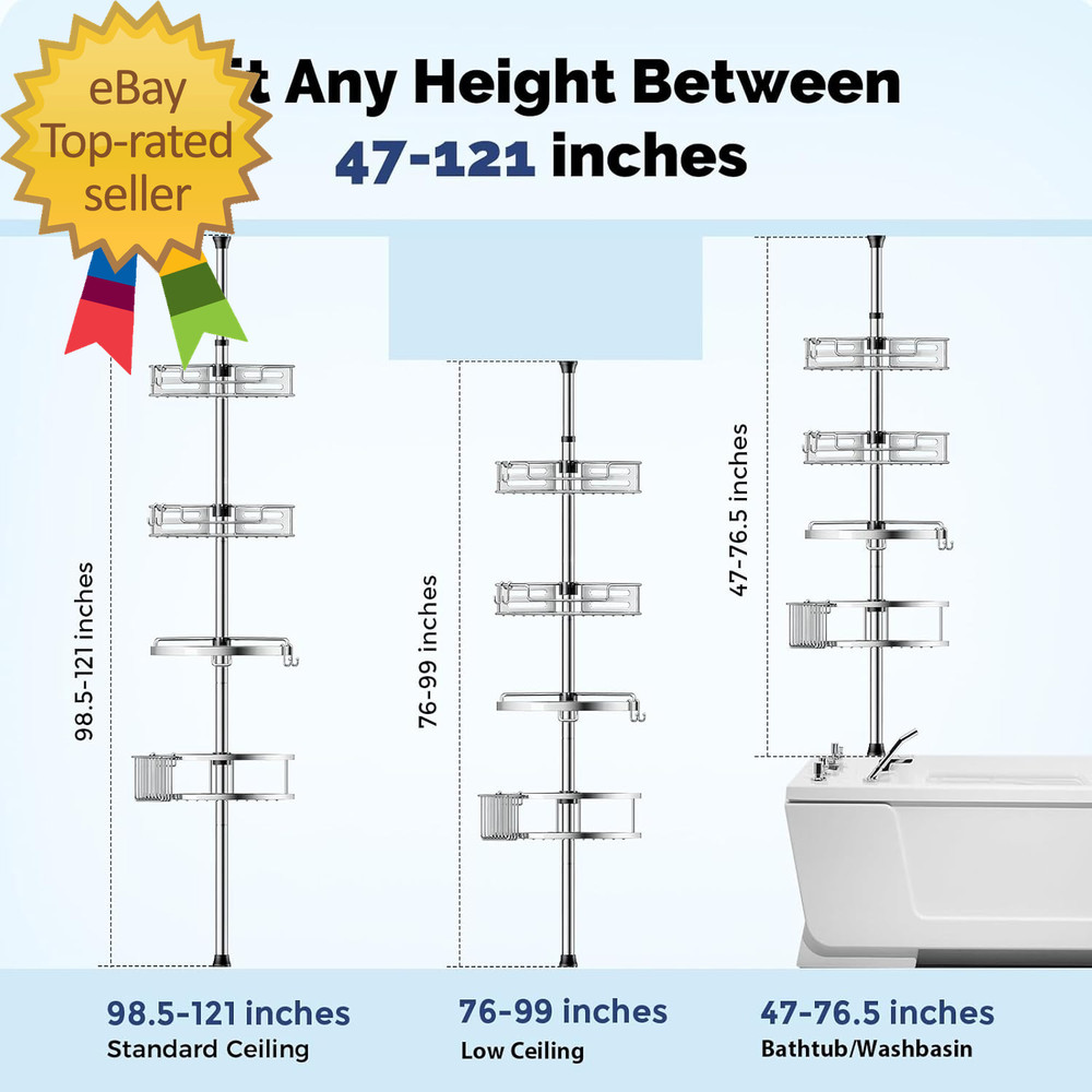 Corner Shower Caddy Tension Pole Quick Installation 4-Tier Rustproof Bathroom Or