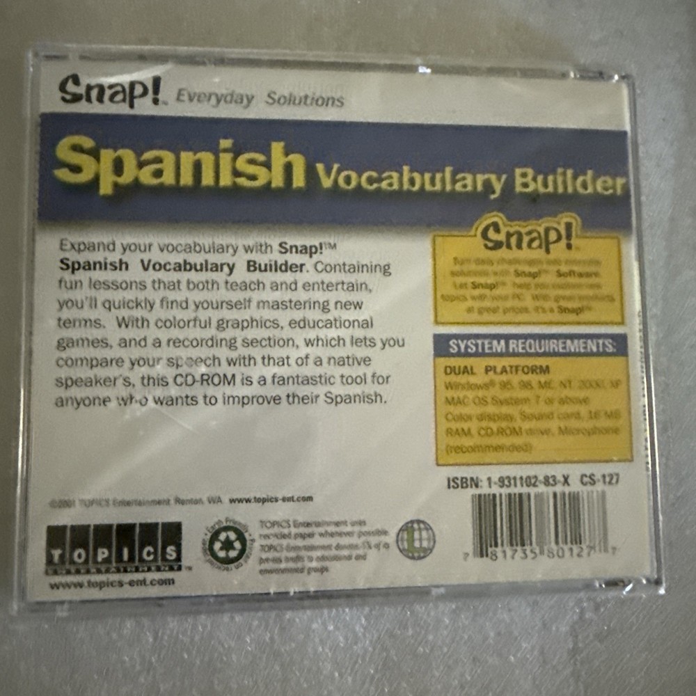 Spanish Vocabulary Builder CD-ROM Snap! 2001 Mac PC Language Learning New Sealed