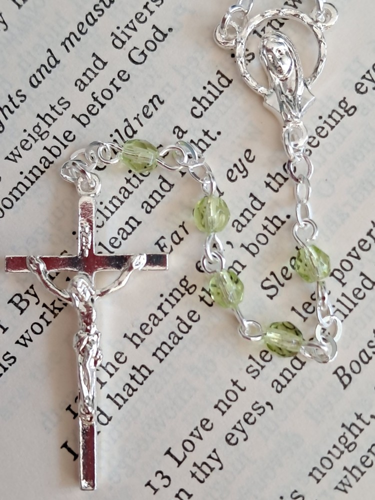 Mini Light Green Czech Glass Rosary in Silver