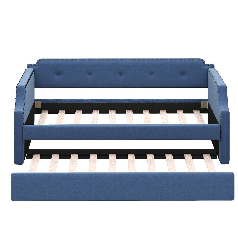 Twin Size Daybed w/ Pull Out Trundle Bed Upholstered Bed Frame Sofa Bed Blue