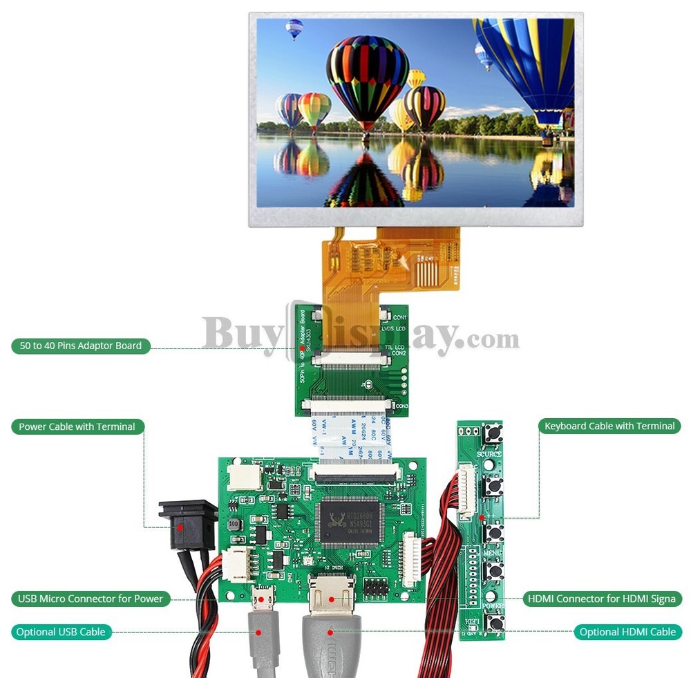 Raspberry PI 5" 480X272 TFT LCD Display with Small HDMI Driving/Controller Board