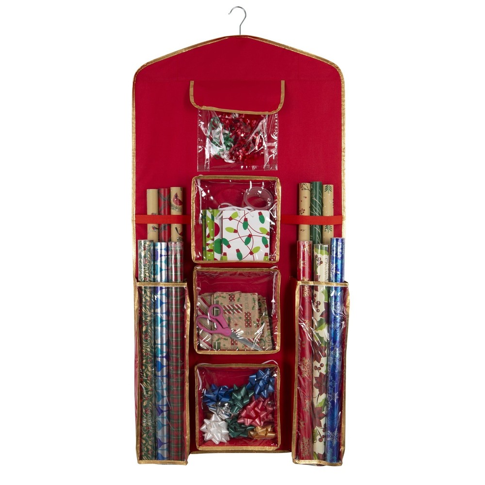 8 Compartment Hanging Holiday Gift Wrap Organizer in Red Polyester