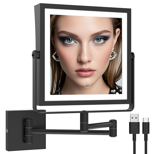 Rechargeable Wall Mounted Makeup Mirror with Lights, Double Sided Matte Black