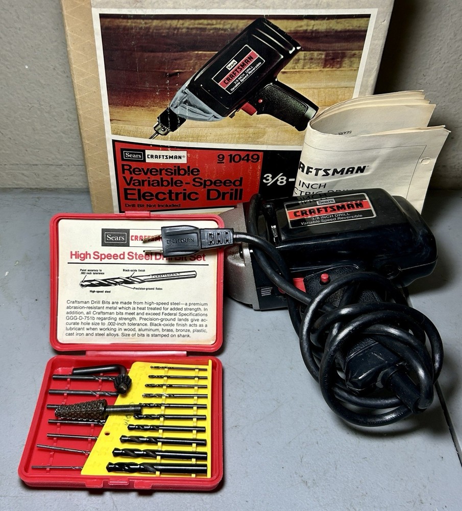 Sears Craftsman 3/8” Reversible Variable Speed Electric Drill w Bit Set CLEAN