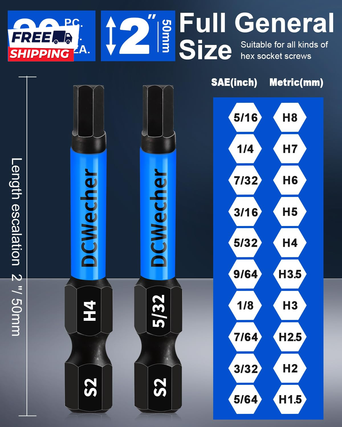 20-PCS Allen Key/Allen Wrench Drill Bit Set Impact Hex Bits (Metric & SAE) 2 Inc