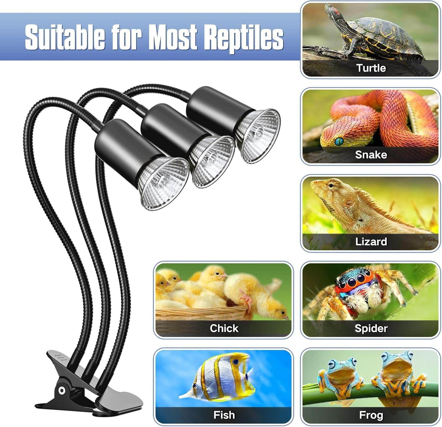 Reptile Heat Lamp Turtle Lizard 4 Bulb Adjustable Basking Heating Lamp with Clip