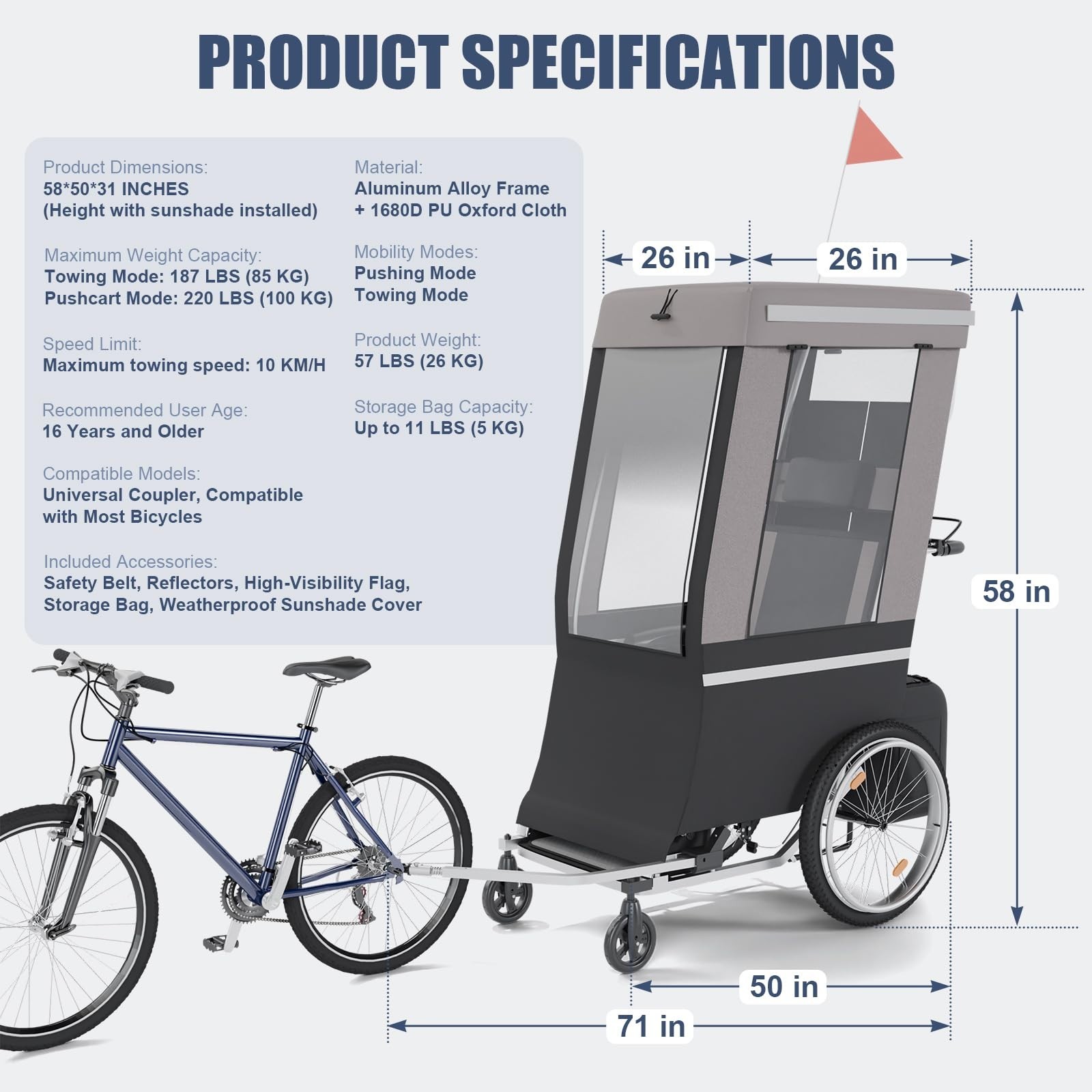 Adult Bicycle Trailer, 165-220 lbs Capacity with Weatherproof Cover