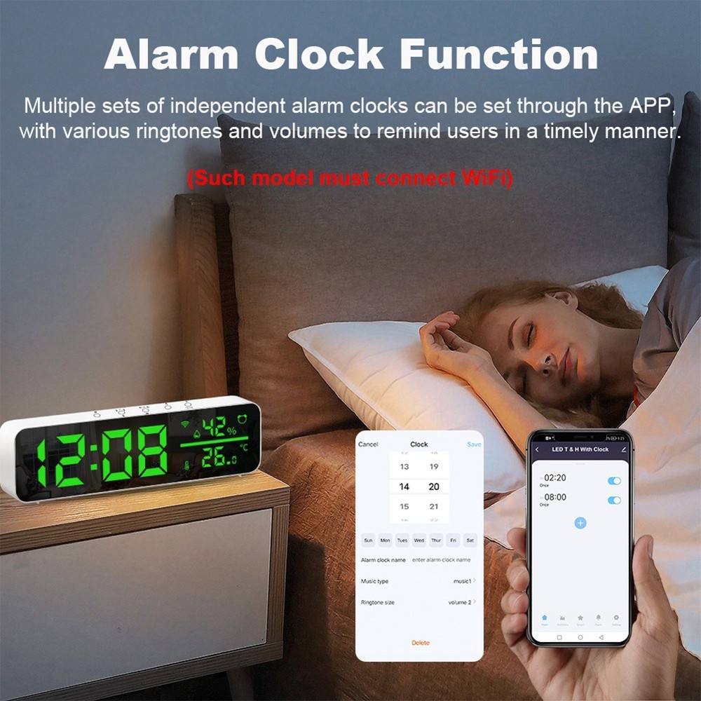 Tuya Wifi Temperature and Humidity Alarm Clock Multi-Function LED Digital2919
