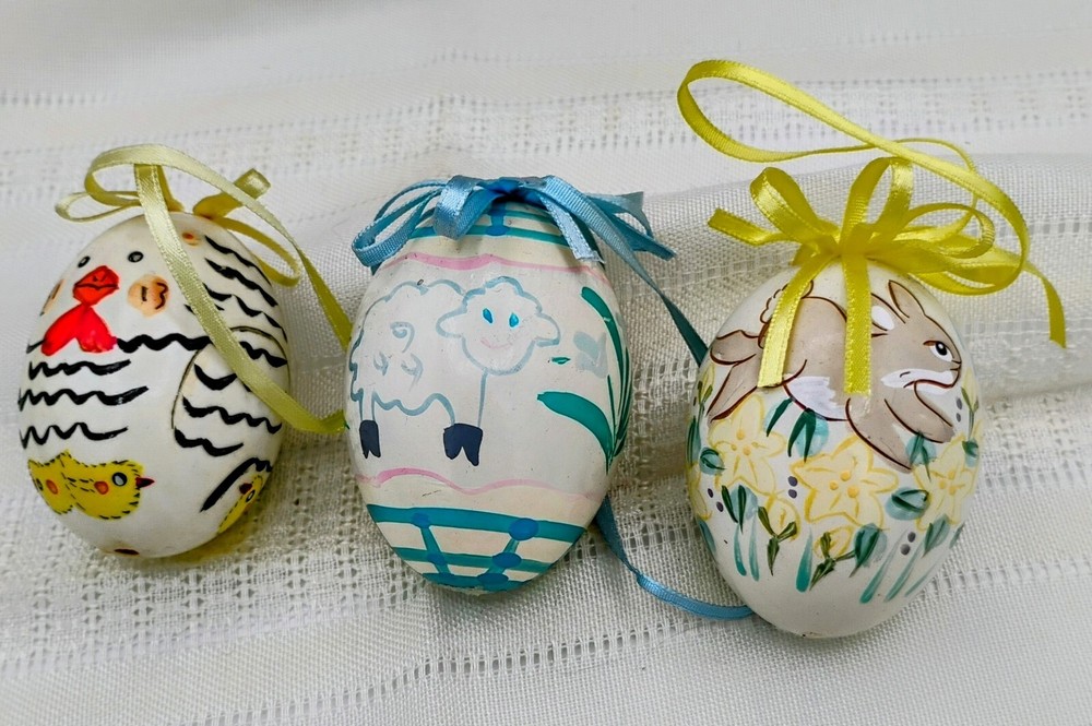 Hen Eggs Hand Painted Easter Shells Chicken, Lamb, Rabbit Ornaments