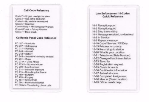 Miranda Warning/Rights & 10-Code/Penal Code Reference Card Set 4 Sheriff/Police