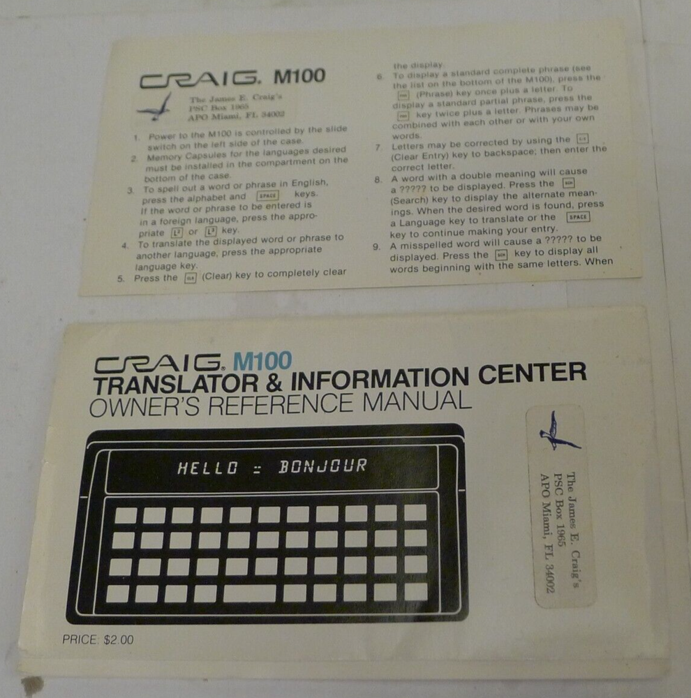 Craig M100 Electronic Translator - Case, Manual & Insert ONLY