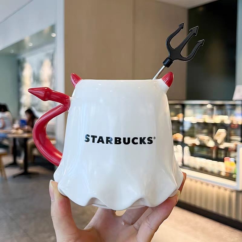 Halloween Ghost-Shaped Ceramic Mug with Devil Horns & Trident Stirrer Starbucks