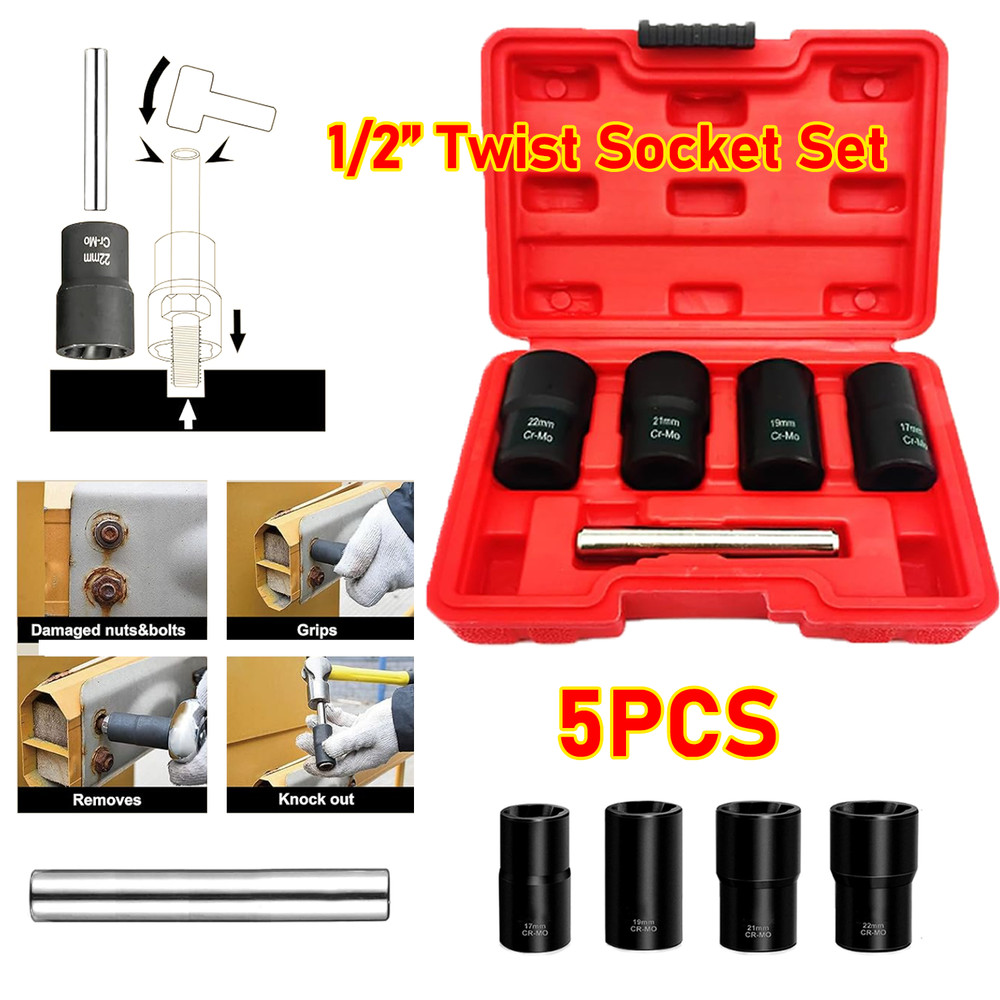 5Pc Wheel Lug Nut Remover 1/2" Drive Twist Socket Kit Remove Damaged Locked Nut