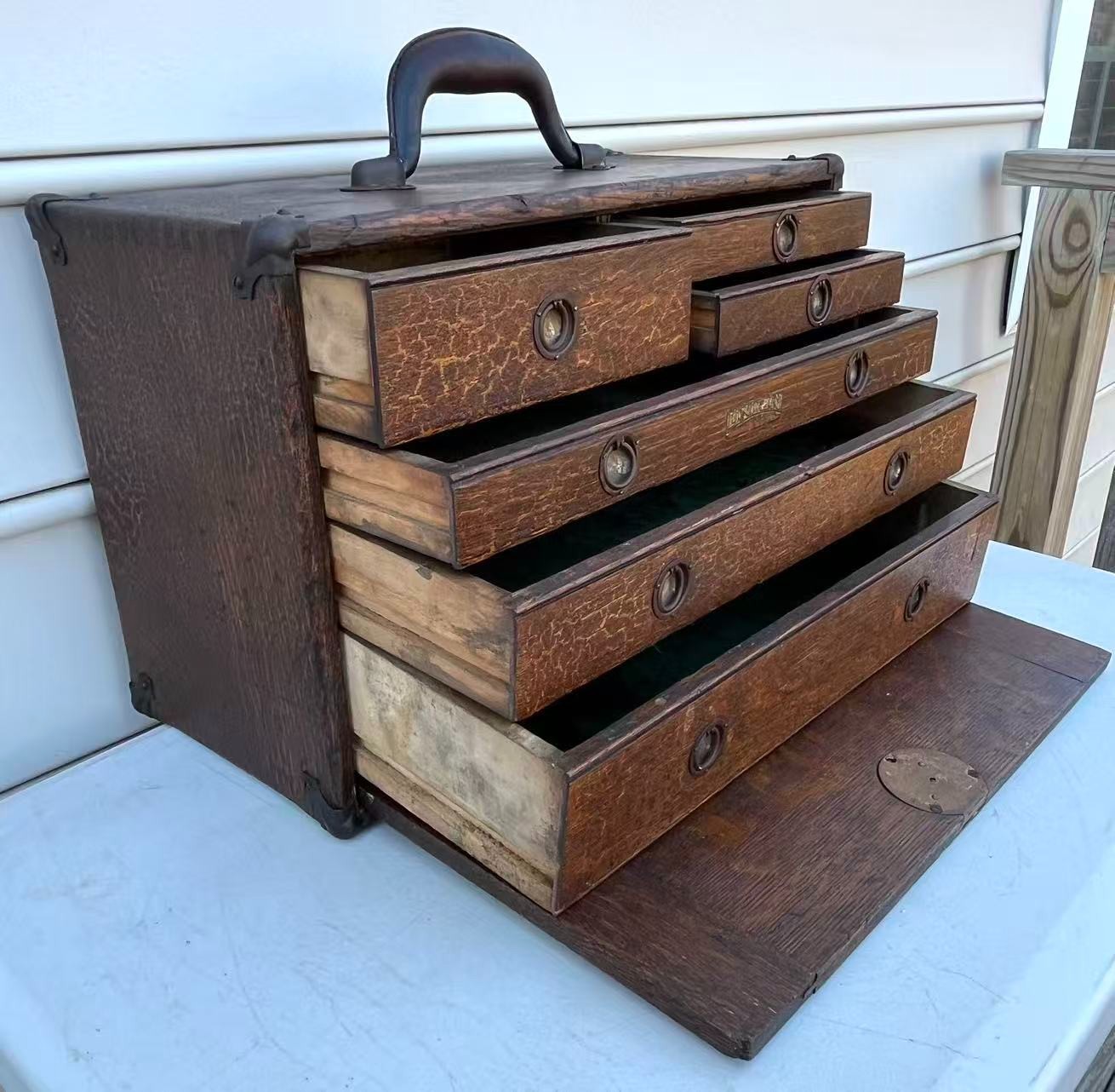 Antique Union 6 Drawers Oak Wood Machinists Tool Chest Box