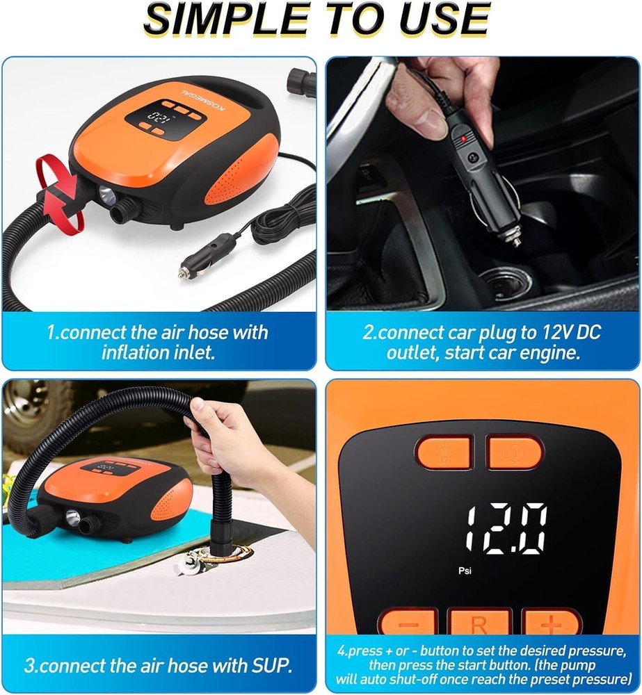 Intelligent Portable 20PSI SUP Air Pump with Flashlight & Deflation Function