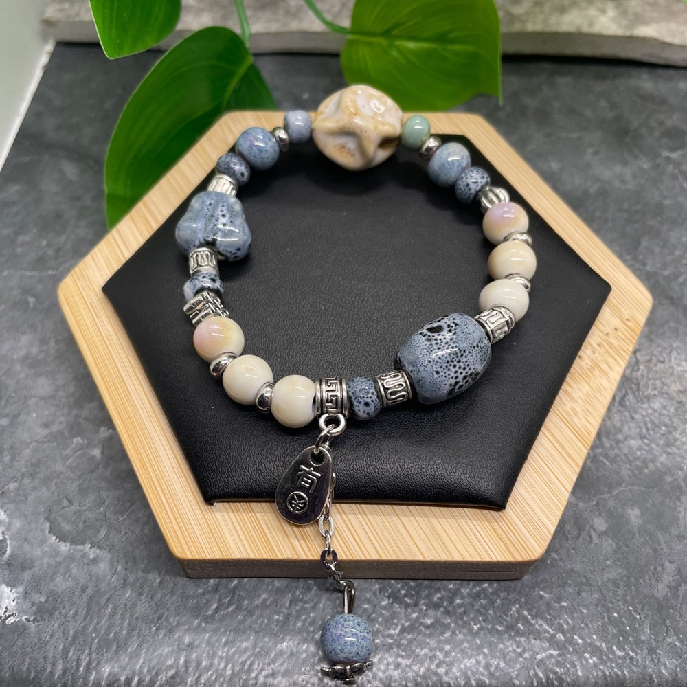 Handmade Ceramic Bead Beaded Stackable 6.5” Plus Stretch Bracelet New B417