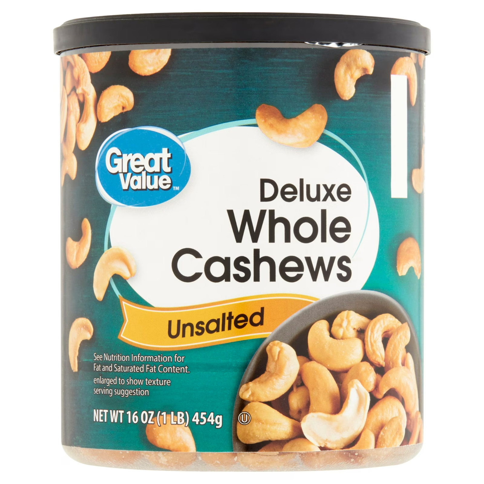 Great Value Deluxe Whole Cashews, Unsalted, 16 oz NEW