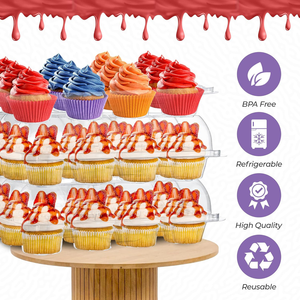 Plastic Cupcake Containers Boxes | 12 Compartment – 8 Pack | Disposable High Dom
