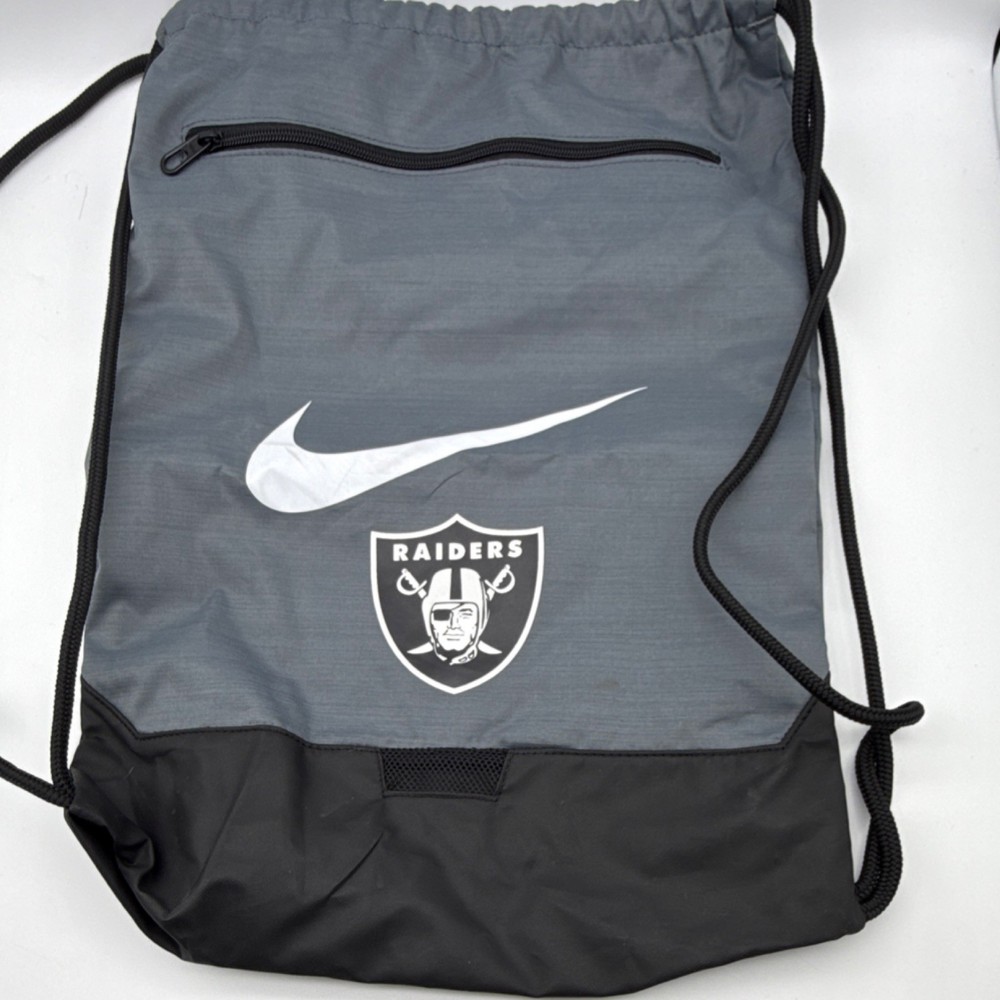 Nike Raiders Drawstring Gym Bag Gray Black Polyester Adjustable Strap Zip Pocket
