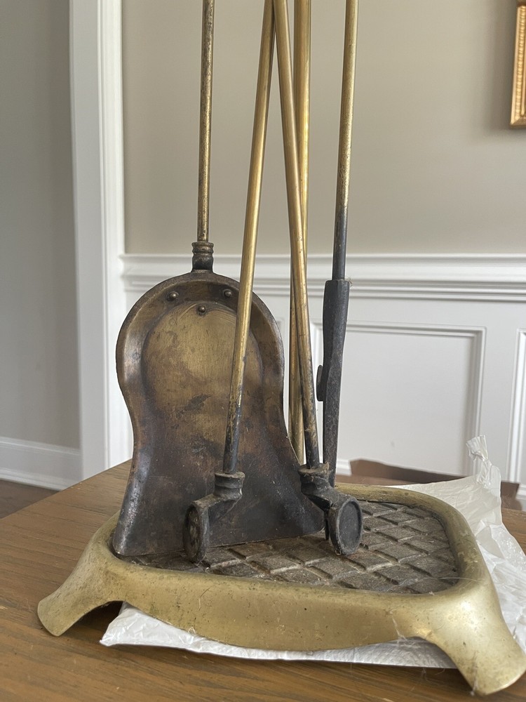 Vintage Solid Brass Fireplace Tool Set 4 Piece + Stand Missing Broom Head