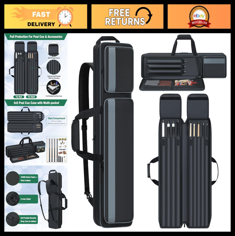 Padded Pool Cue Case 4x5 - Soft Billiard Stick Bag with Multi-Pockets & Backpack