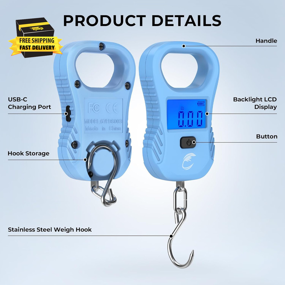 Lightweight Fish Scale, Rechargeable Digital Scale with USB Cable, 55Lb Capacity