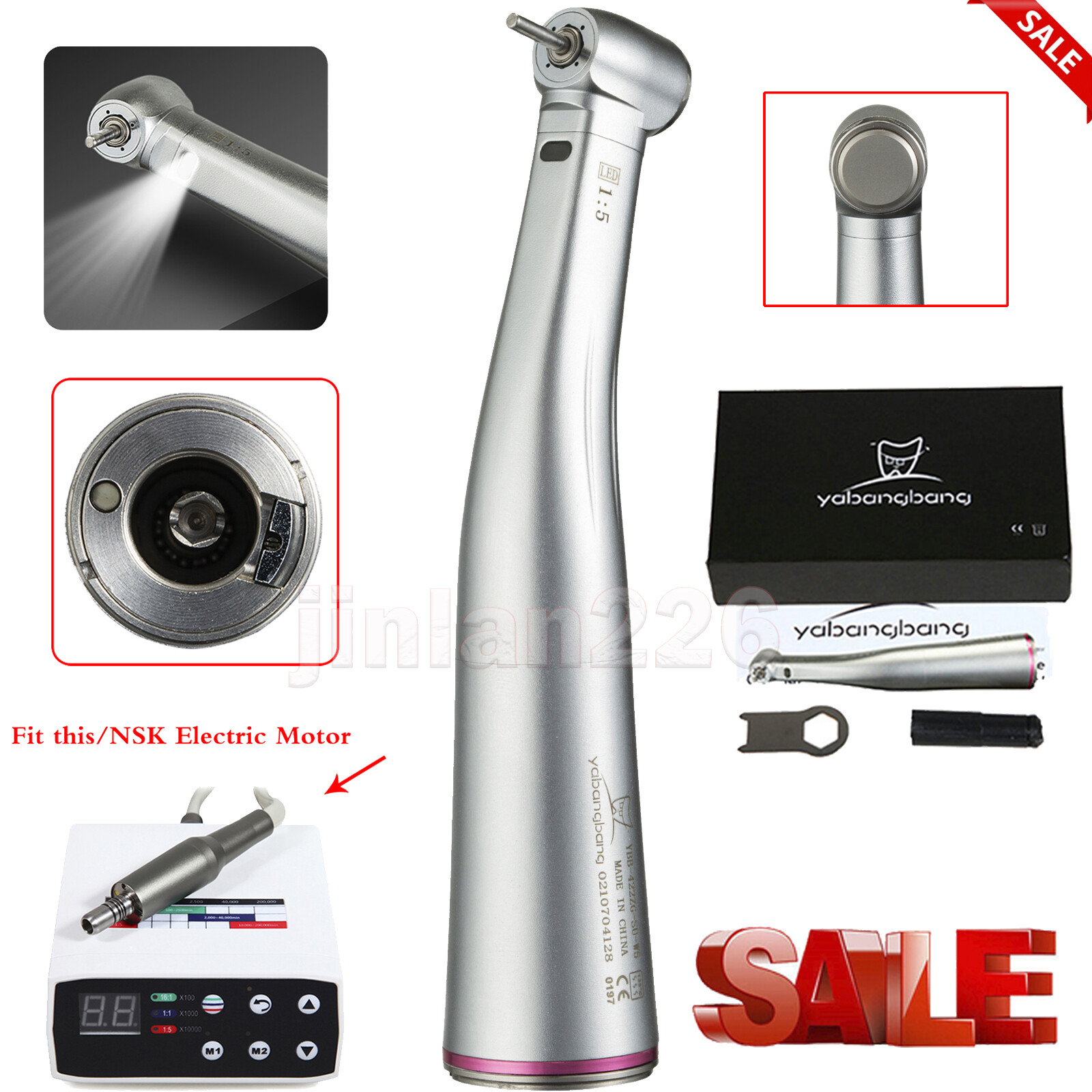 Dental 1:5 Increasing Contra Angle LED Optic Handpiece Fit NSK Electric Motor