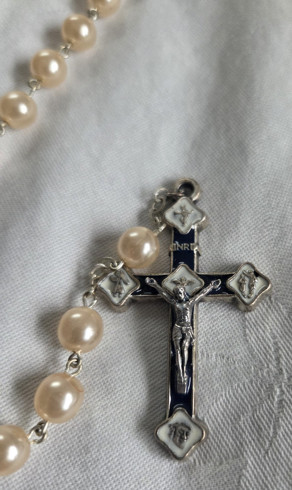 Vintage Ave Maria Italian Pink ish Glass Bead Rosary Pope John Paul II ITALY