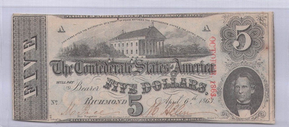 1863  $5 Ten Note Confederate Cancelled Note